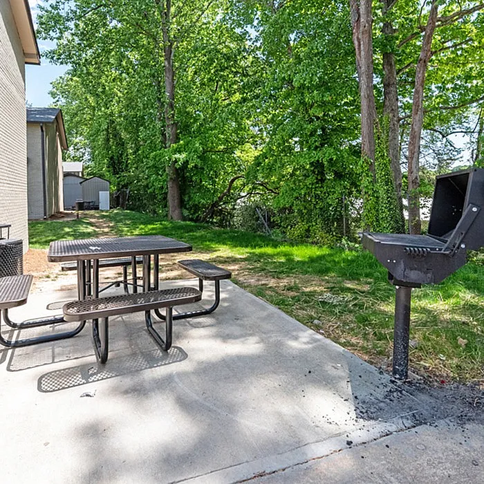 Charming outdoor space with a picnic table and barbecue grill surrounded by lush greenery.
