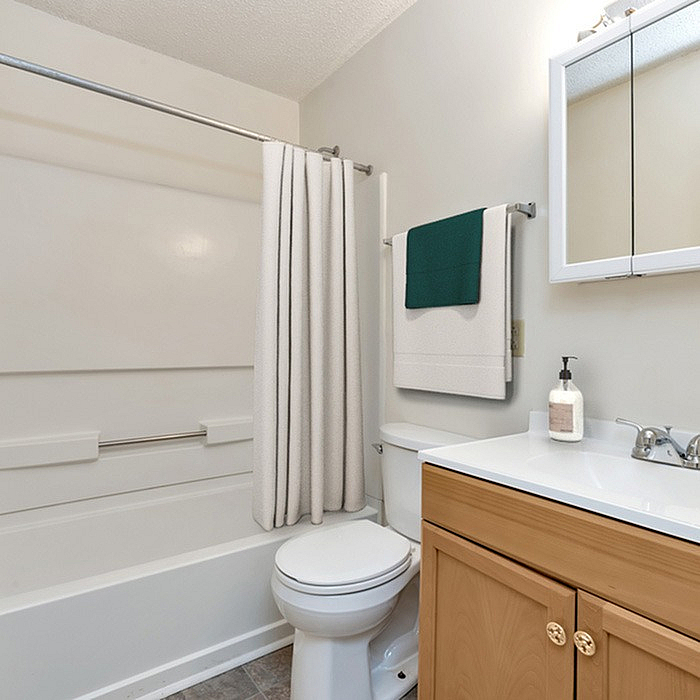 Chic bathroom featuring a bathtub with shower curtain, sleek vanity, and modern fixtures.