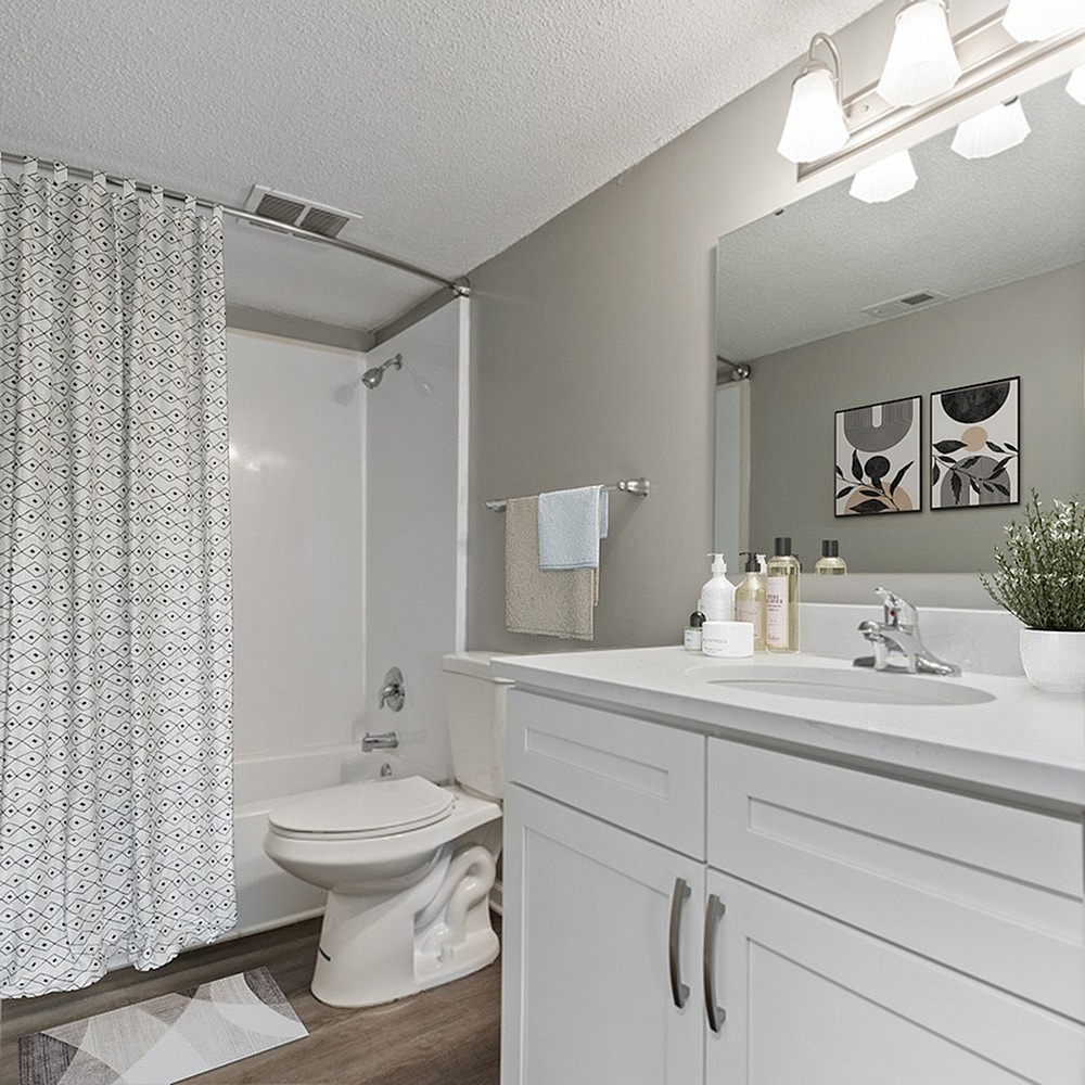 Modern bathroom with elegant vanity, patterned shower curtain, and sleek fixtures.