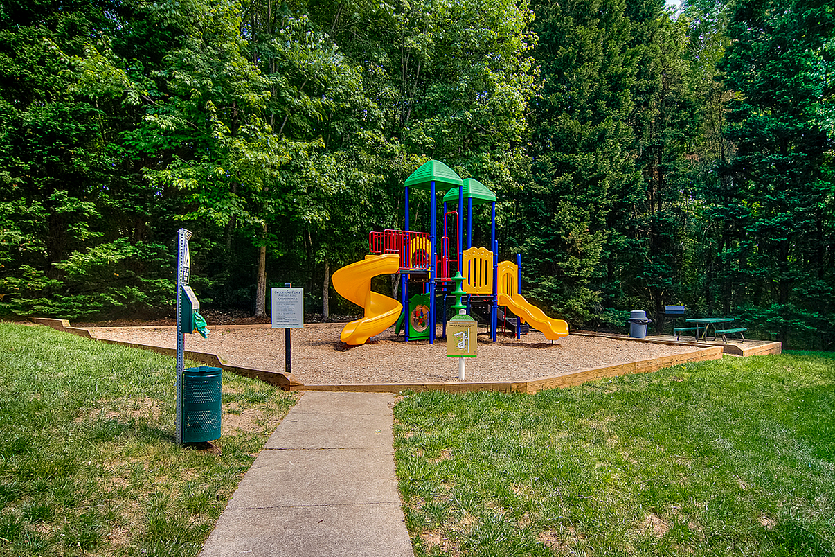 Charming playground with vibrant slides and climbing structures surrounded by lush greenery, perfect for family fun.