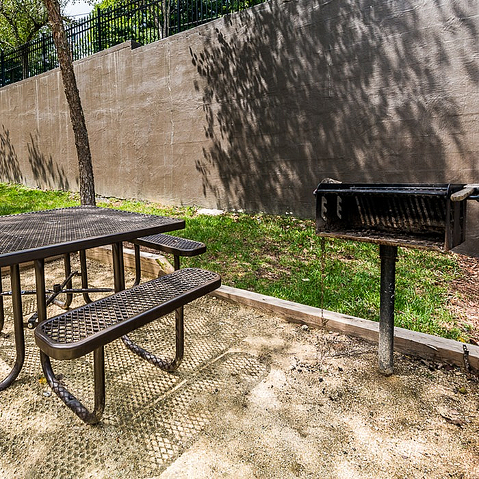 Charming outdoor picnic area with a barbecue grill and rustic table, surrounded by greenery and natural sunlight.