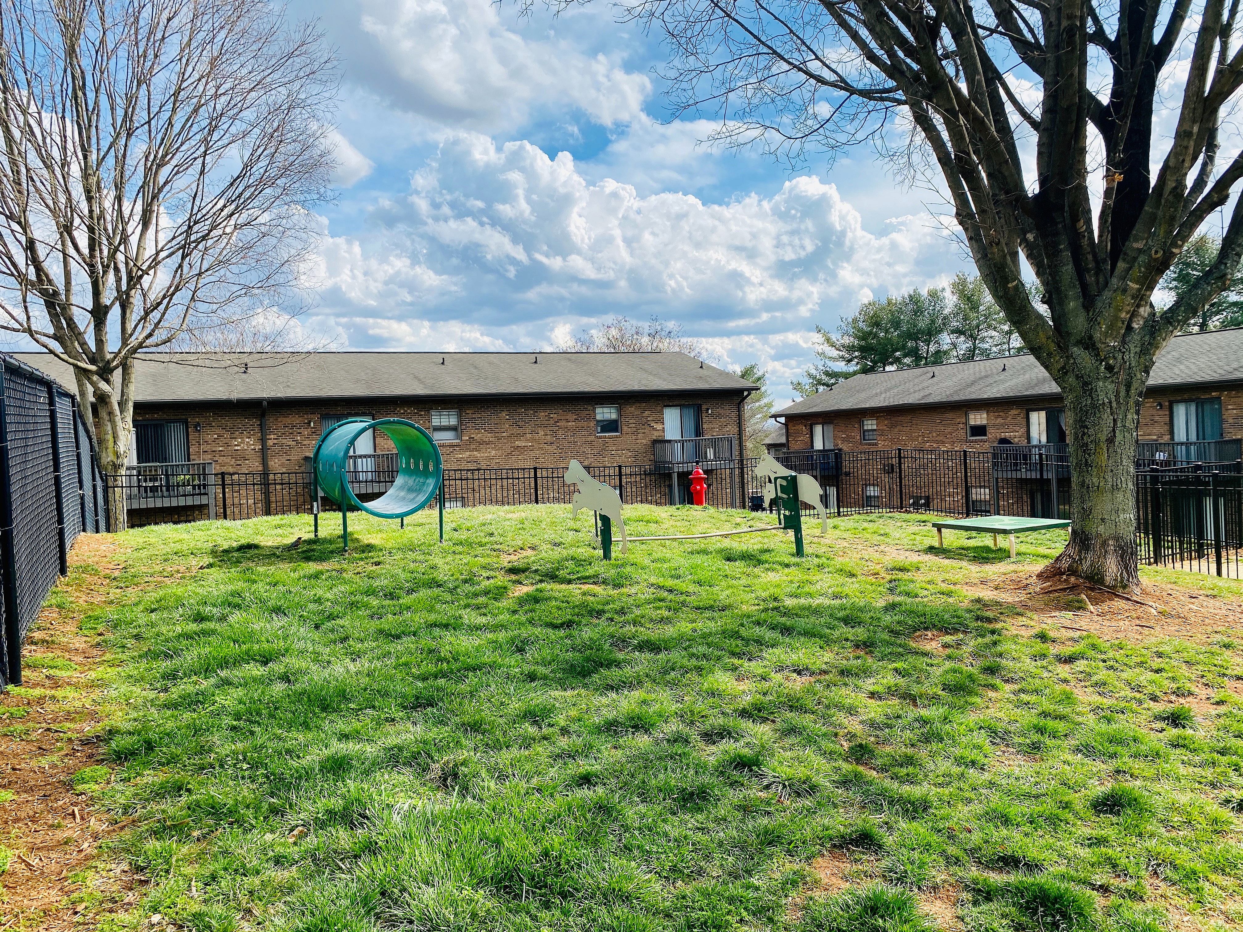 Charming apartment grounds featuring a vibrant grassy area with playful outdoor equipment against a backdrop of cozy brick buildings and a serene blue sky.
