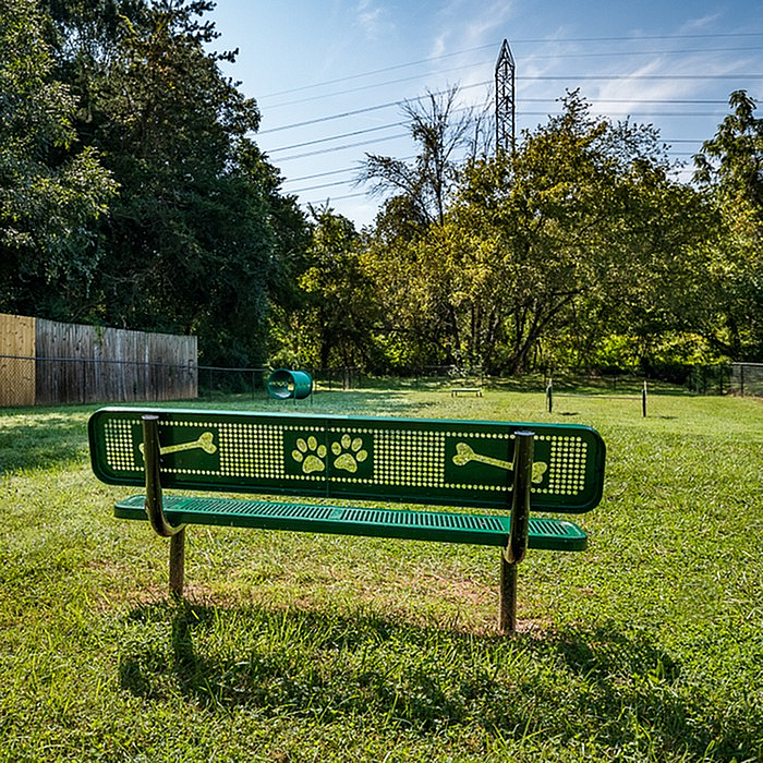Charming park setting featuring a green bench with paw print and bone designs, perfect for relaxation amidst lush greenery.