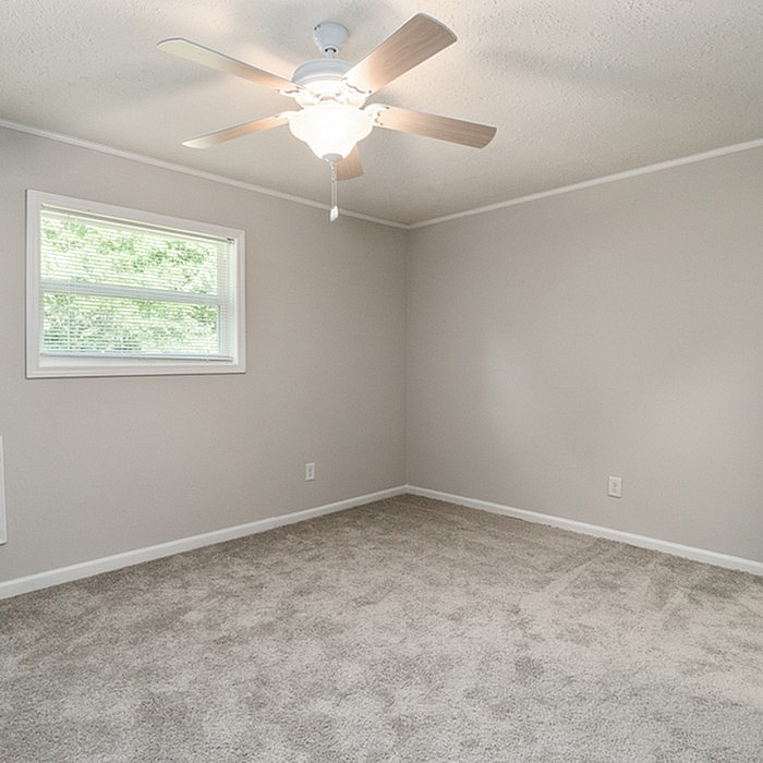 Bright and cozy bedroom featuring plush carpeting, neutral walls, and a ceiling fan for added comfort.