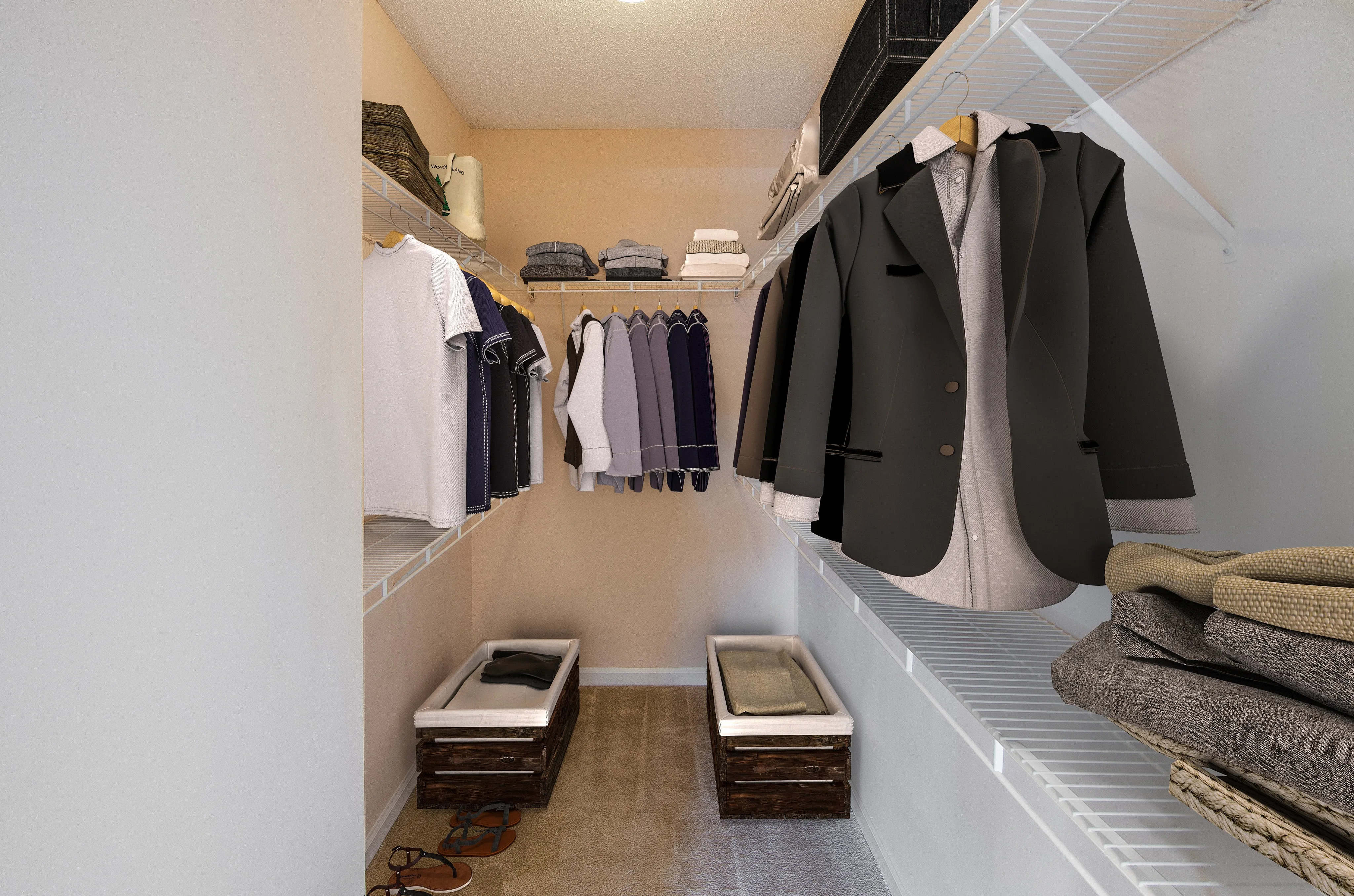 Spacious walk-in closet with organized shelving showcasing elegant clothing and storage baskets for optimal organization and style.
