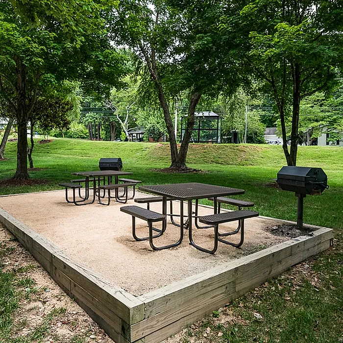 Inviting outdoor picnic area featuring stylish tables and grills set amidst lush greenery, ideal for social gatherings.