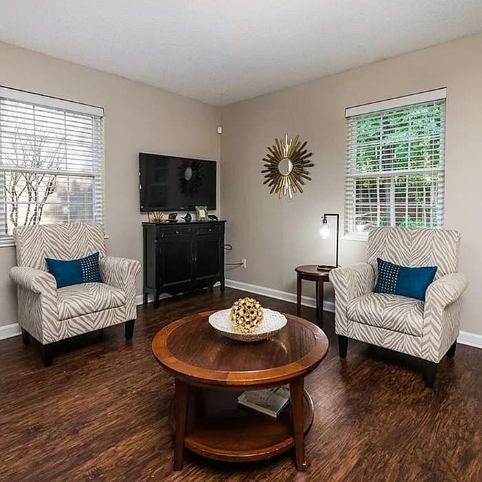 Chic and cozy living room with stylish patterned armchairs, modern decor, and a sleek wall-mounted TV, creating an inviting atmosphere.