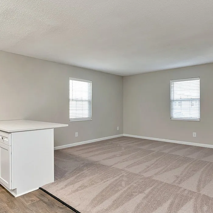 Bright, spacious living room with plush carpeting and modern open-concept design featuring a sleek countertop.