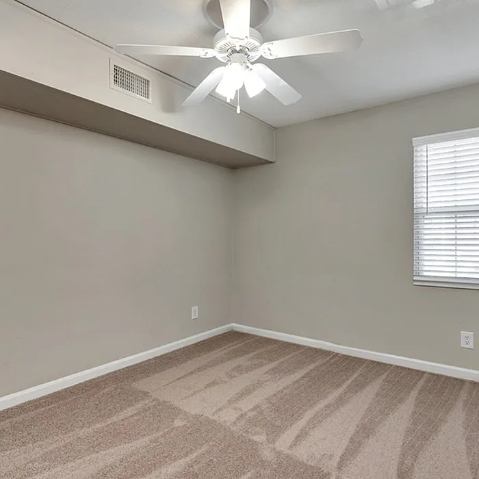 Inviting bedroom with plush carpeting, ceiling fan, and abundant natural light from a large window.