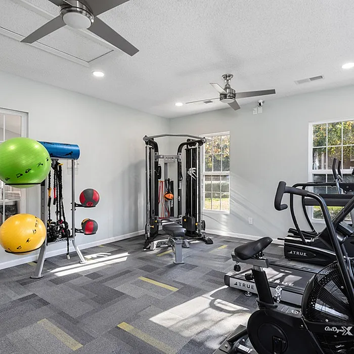 Bright and modern fitness room with exercise equipment, vibrant yoga balls, and large windows for natural light.