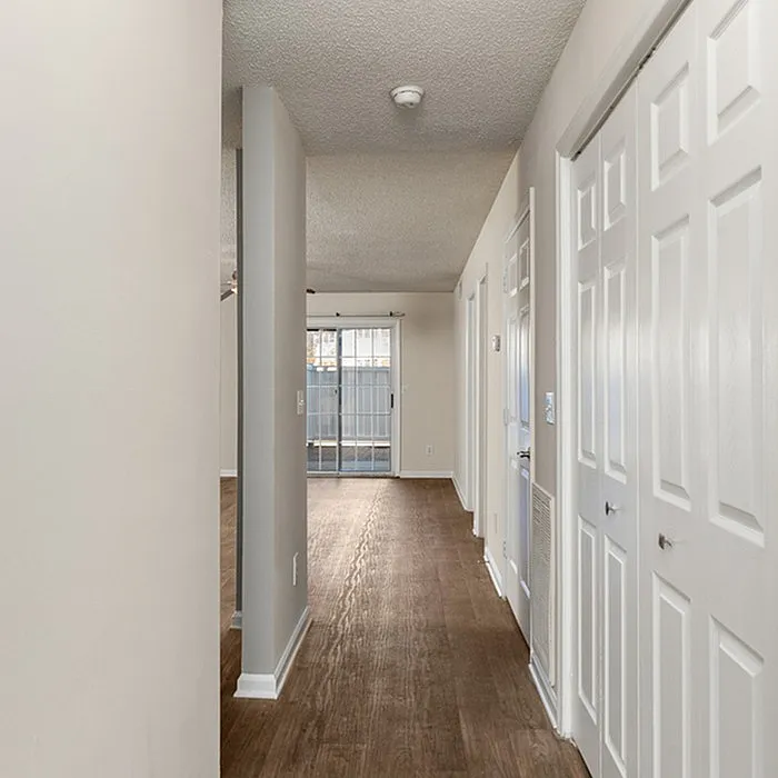 Inviting apartment hallway with elegant wood flooring and ample natural light from glass doors.