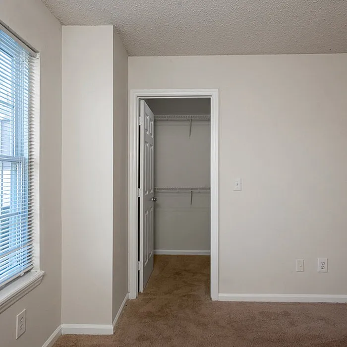 Inviting room with plush carpet flooring and a spacious walk-in closet, accented by natural light from a large window.