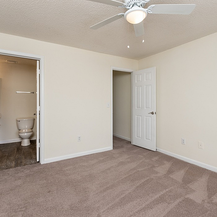 Bright and inviting bedroom with plush carpet, featuring an elegant ceiling fan and a convenient ensuite bathroom.