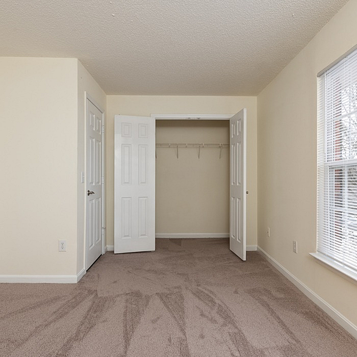Bright and spacious bedroom with plush carpet, ample closet space, and a large window for natural light.