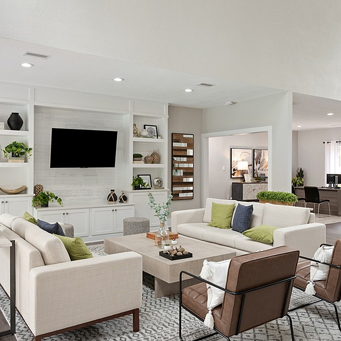 Elegant living room with modern seating, stylish decor, and a sleek entertainment center, exuding comfort and sophistication.