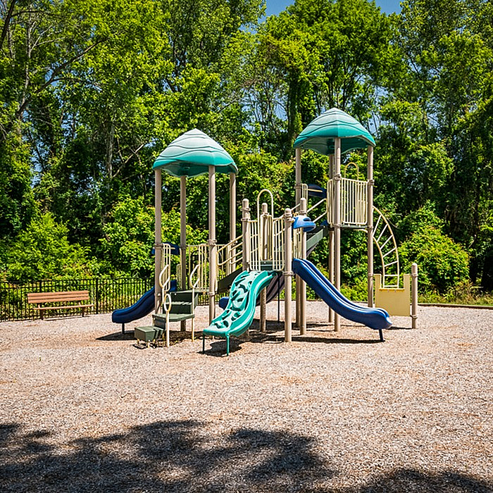 Charming playground area with vibrant slides and climbing structures, nestled among lush green trees, perfect for family fun.