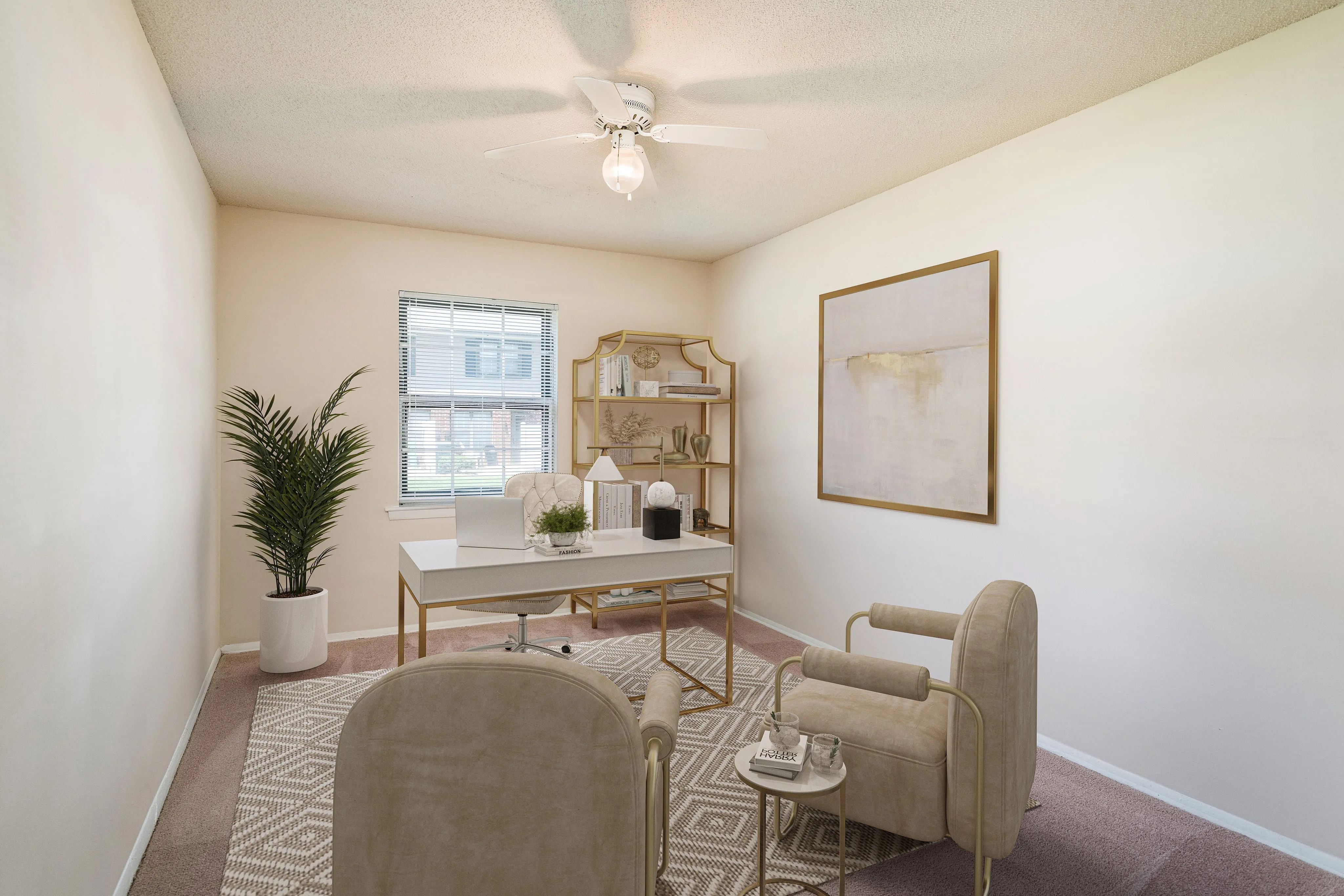Bright and inviting home office with modern decor, featuring a sleek desk, cozy chairs, and natural light pouring in through the window.