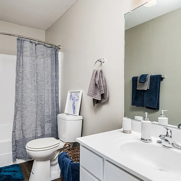 Chic bathroom with modern fixtures, a sleek vanity, and soothing blue accents creating a tranquil retreat.