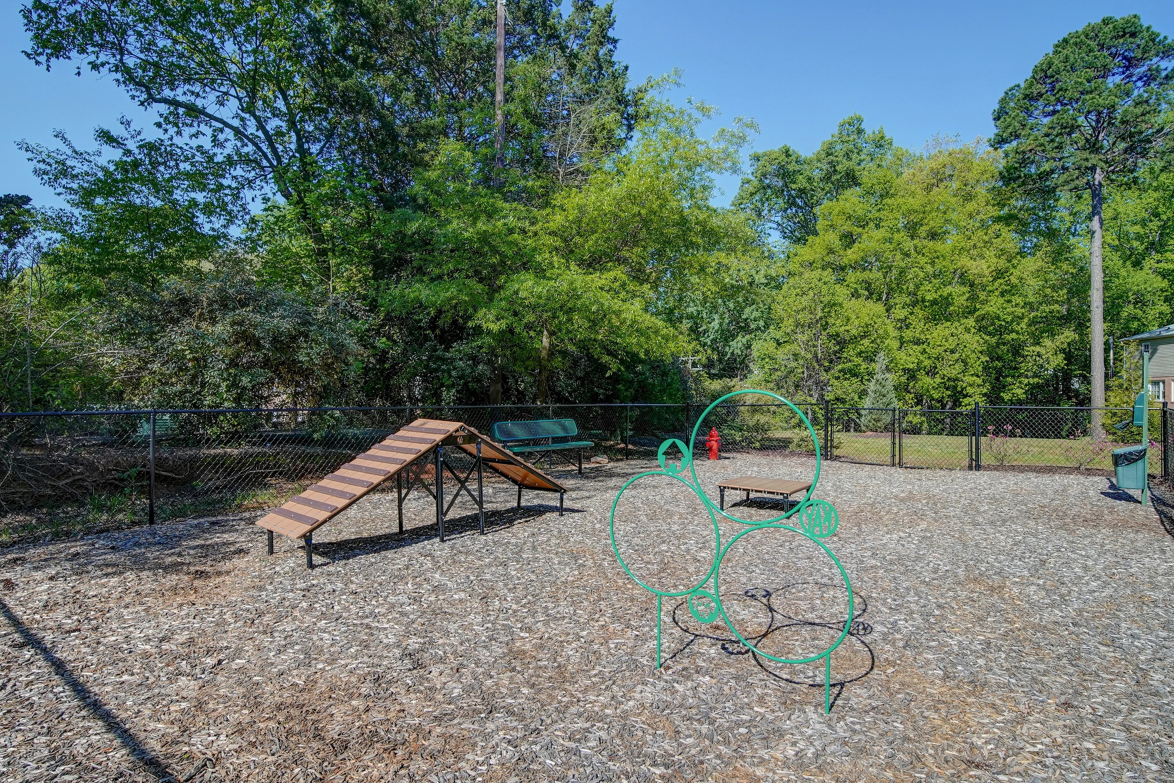 Inviting dog park featuring agility course equipment set amid lush greenery for a vibrant outdoor experience.