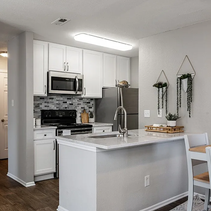Modern kitchen with sleek stainless steel appliances, elegant marble countertop, and stylish tile backsplash.