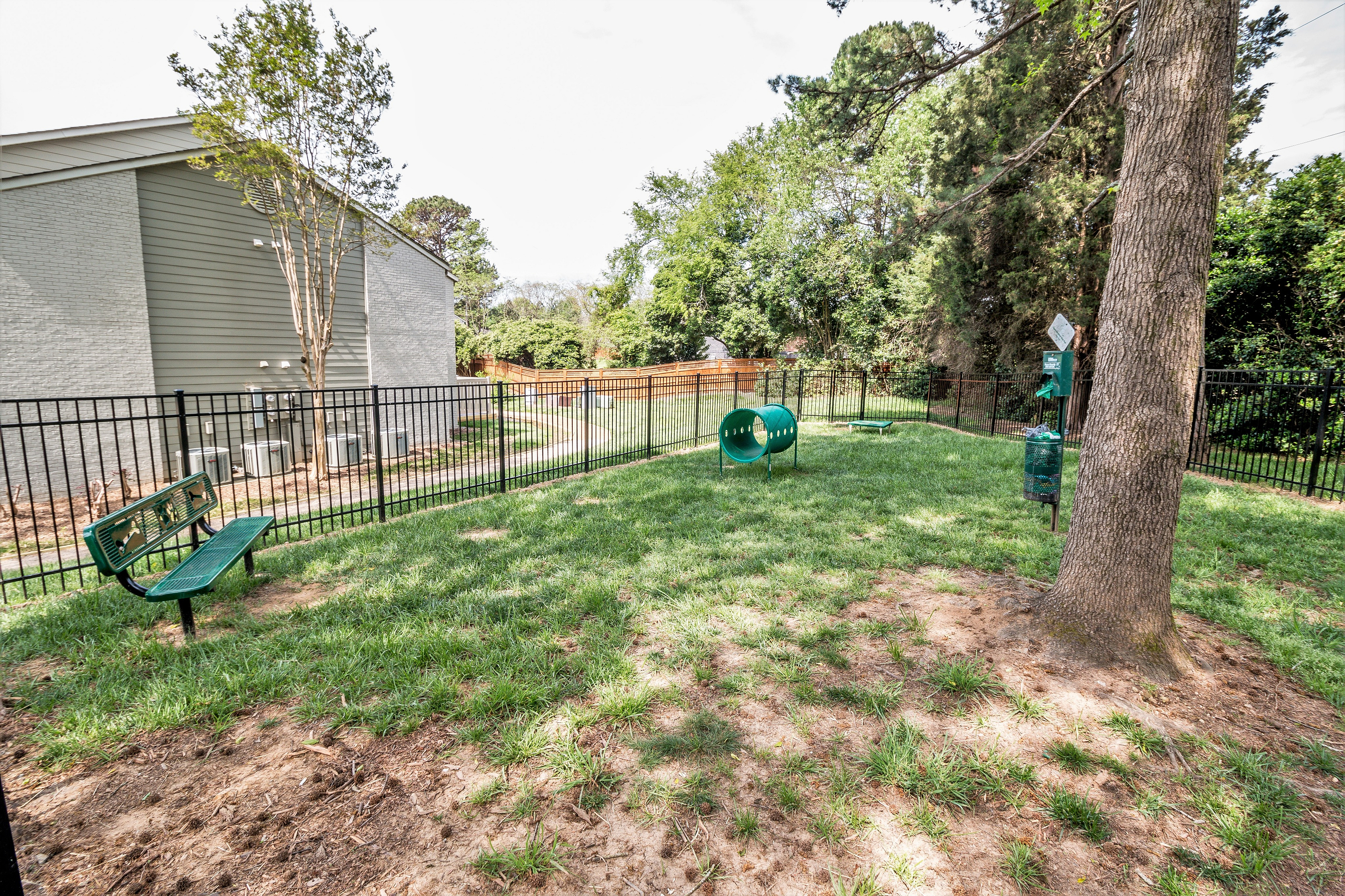 Charming fenced outdoor space with lush grass, perfect for relaxation and play, featuring a cozy bench and playful green tunnel.
