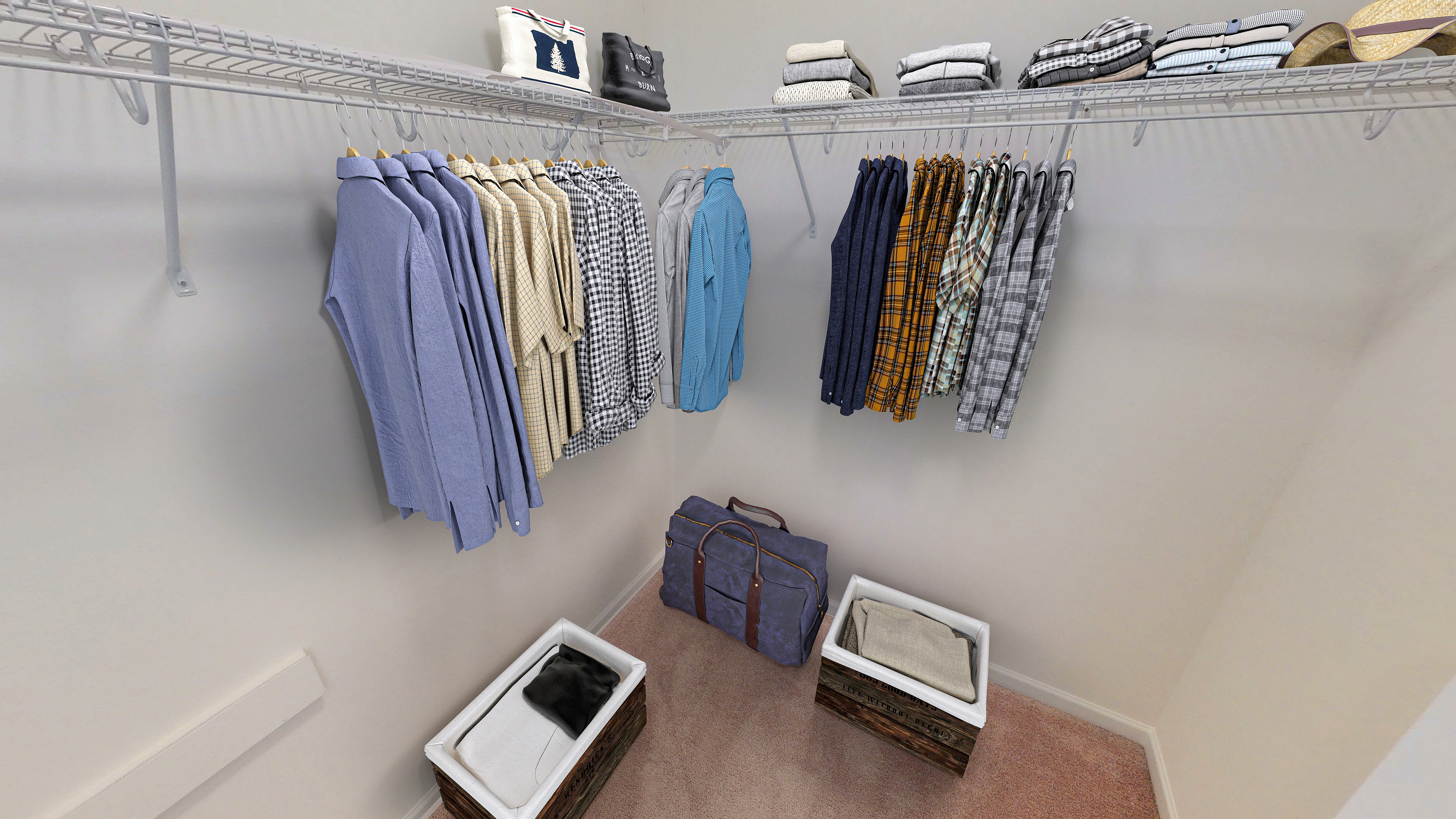 Spacious and organized walk-in closet with ample hanging space, neatly arranged clothes, and convenient storage baskets, perfect for stylish living.
