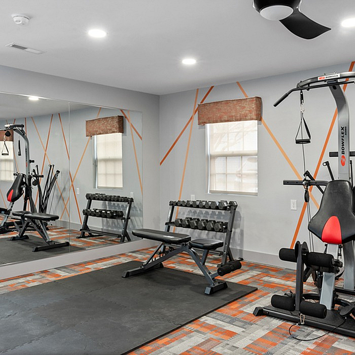 Modern fitness room featuring a sleek bench, versatile weight machine, and reflective mirrors enhancing a dynamic workout space.