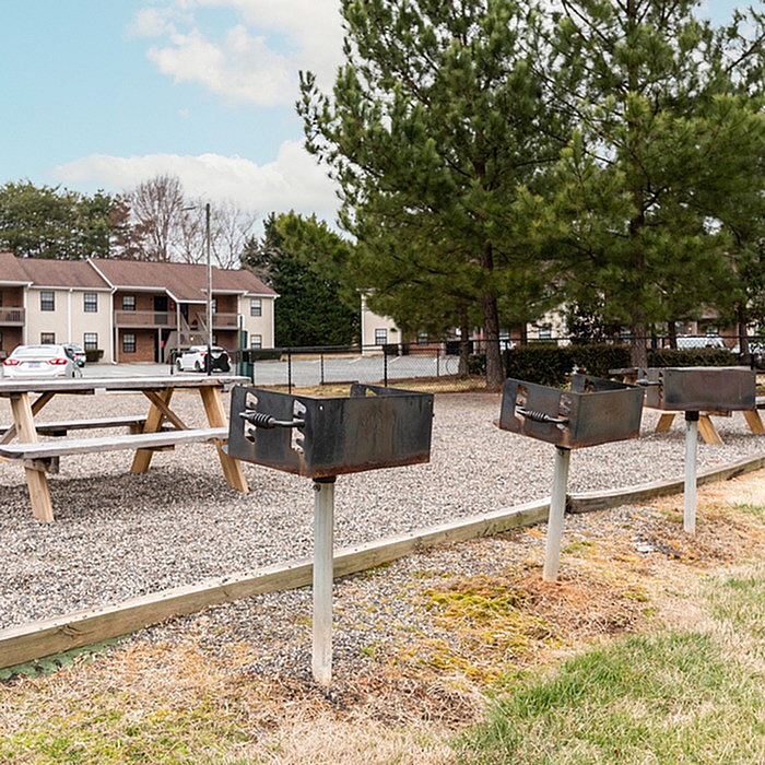 Charming apartment complex with outdoor picnic area and barbecue grills under lush green trees.