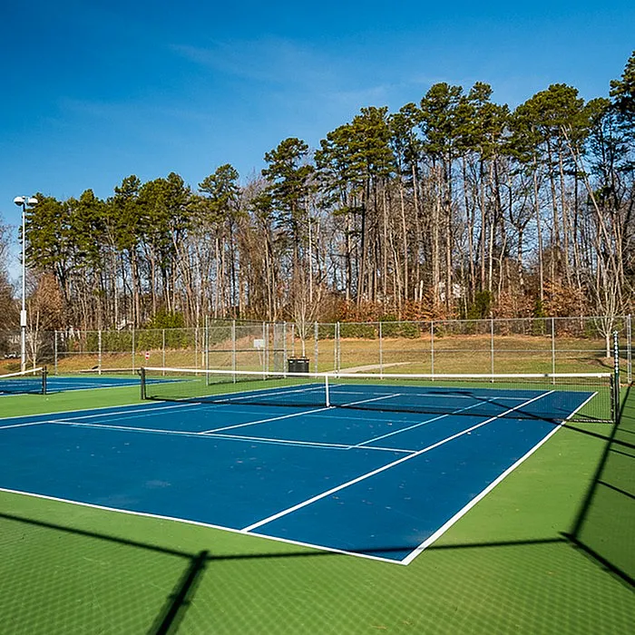 Inviting tennis court set amidst lush greenery, perfect for outdoor recreation and relaxation.