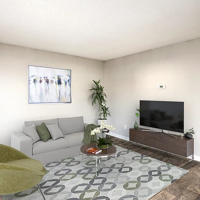 Bright and modern living room featuring a sleek gray couch, artistic decor, and a stylish TV setup.