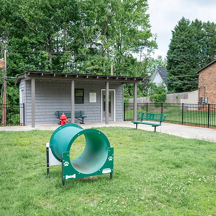 Inviting dog park with agility tunnel, cozy benches, and charming clubhouse surrounded by lush greenery.