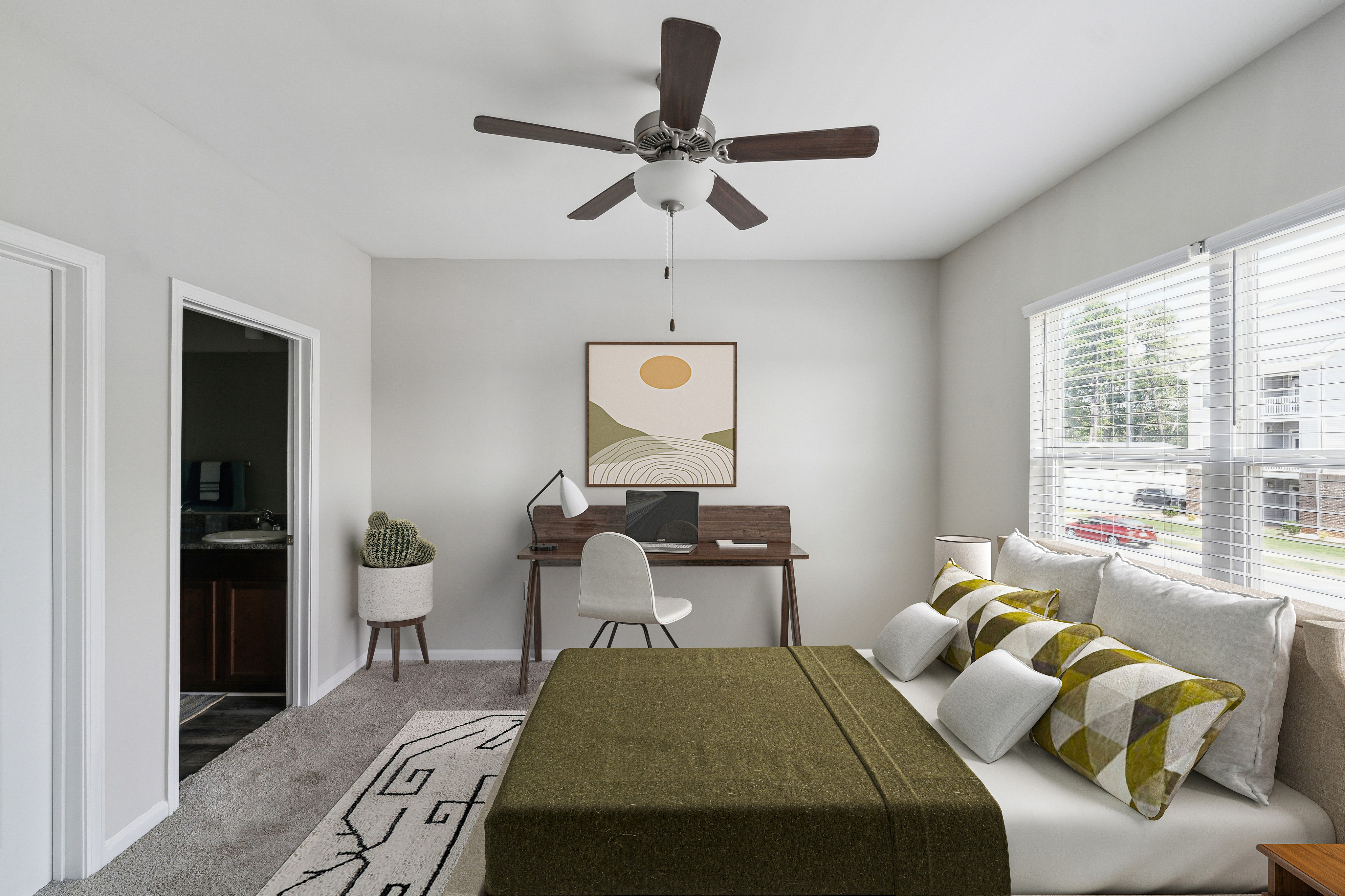 Modern bedroom with elegant decor, featuring a cozy bed, chic pillows, a stylish desk, and abundant natural light.