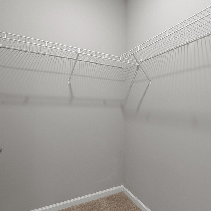Spacious and bright walk-in closet featuring sleek white shelving and neutral carpet, perfect for organized storage.