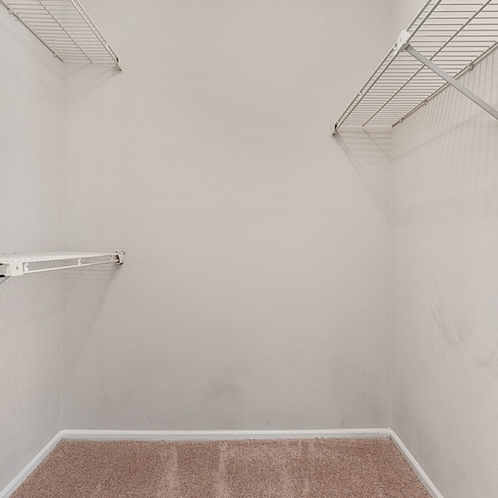 Spacious walk-in closet with ample shelving and plush carpeting, perfect for organizing and storing belongings.