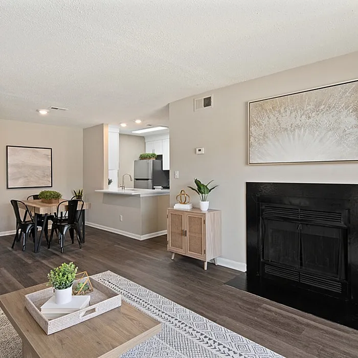 Chic open-concept living area with elegant fireplace, modern dining space, and sleek kitchen, perfect for contemporary living.