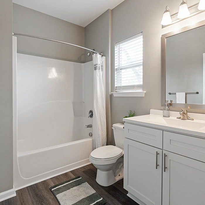 Modern bathroom with sleek white vanity, elegant lighting, and a shower-tub combo, featuring stylish gray walls and wood-look flooring.