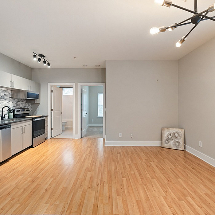 Modern open-plan kitchen and living area with sleek design, featuring light wood floors, contemporary lighting, and stylish cabinetry.