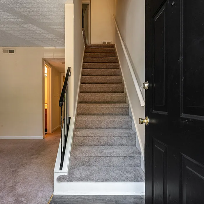 Inviting entrance with a carpeted staircase leading to upper levels, welcoming ambiance perfect for family living.