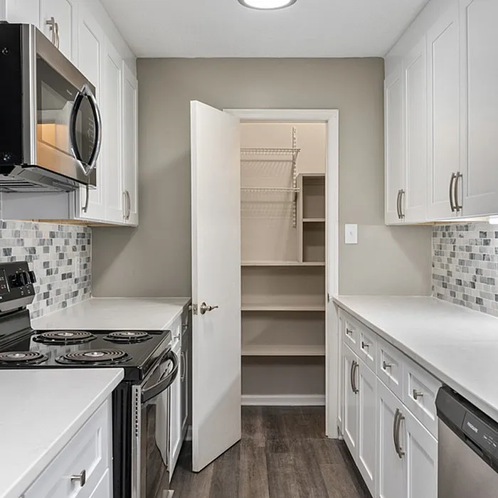 Modern kitchen with sleek stainless steel appliances, elegant white cabinetry, and a spacious pantry for ample storage.