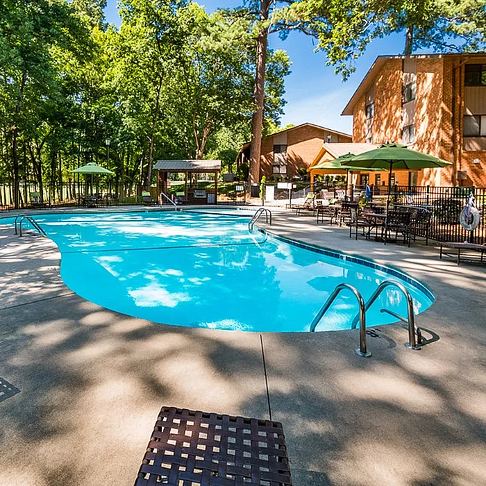 Inviting outdoor pool area with modern loungers and vibrant green surroundings, perfect for relaxation and leisure.