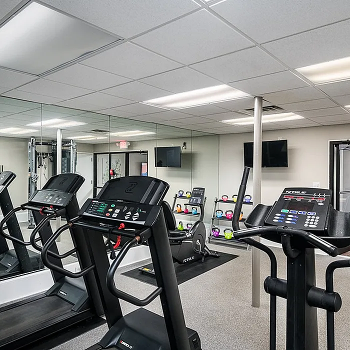 Modern fitness center with state-of-the-art treadmills, vibrant kettlebell set, and mirrored walls for an invigorating workout experience.