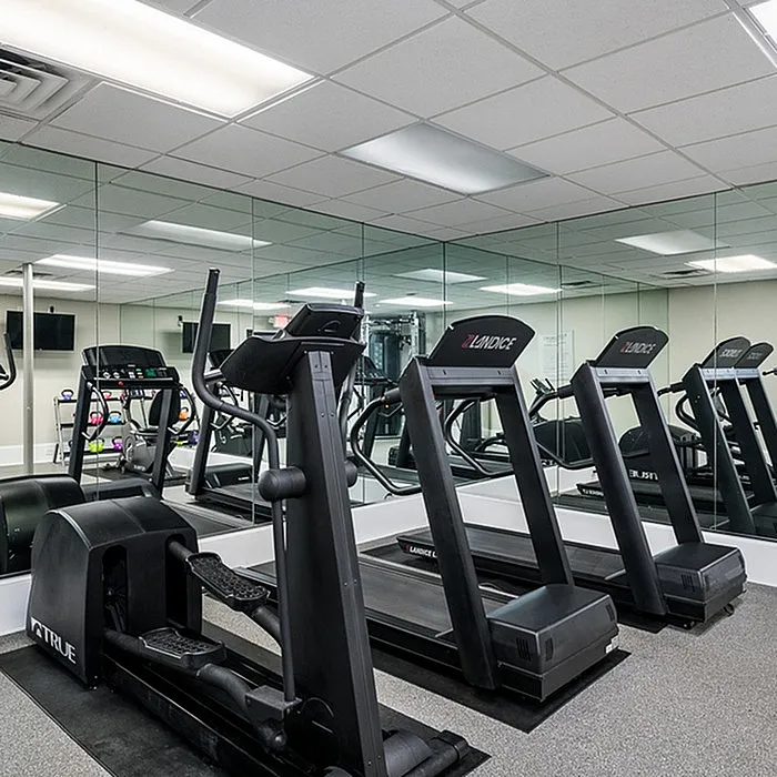 Modern fitness center featuring state-of-the-art treadmills in a well-lit space with mirrored walls.