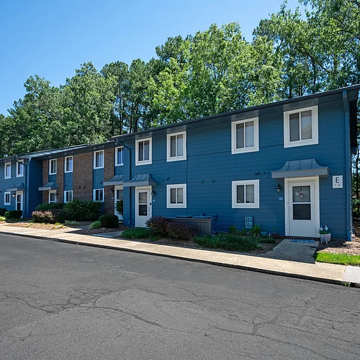 Charming townhouse community with vibrant blue exteriors, inviting walkways, and lush green surroundings.