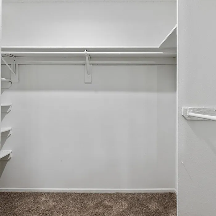 Spacious walk-in closet with white walls and carpeted flooring, perfect for ample storage and organization.