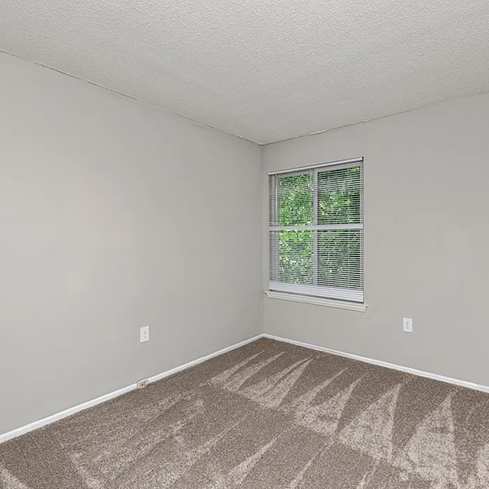 Bright and inviting room with plush carpet and a large window overlooking greenery, creating a cozy and serene atmosphere.