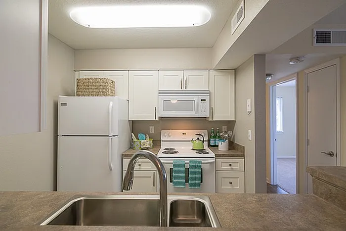 Modern kitchen with sleek countertops, white cabinets, and contemporary appliances, perfect for culinary enthusiasts.