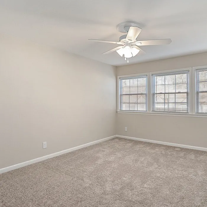 Bright and inviting empty room with plush carpet, large windows, and a modern ceiling fan, ideal for a serene bedroom setting.