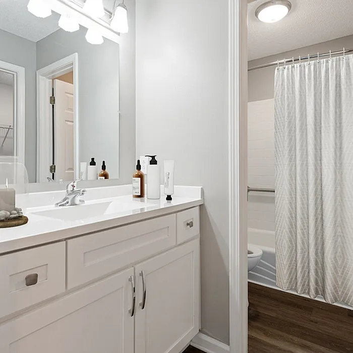 Elegant bathroom featuring a modern vanity with a spacious countertop, stylish lighting, and a serene shower area with a chic curtain.