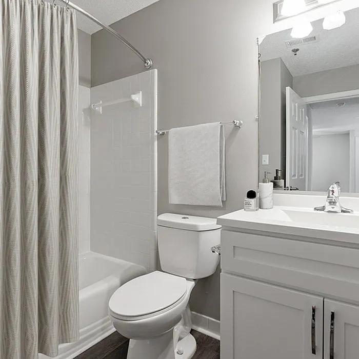 Elegant bathroom with modern fixtures, featuring a sleek vanity, pristine tub, and stylish decor.