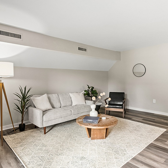 Chic modern living room with stylish decor, featuring a cozy gray sofa, sleek black chair, wooden coffee table, and elegant floor lamp, complemented by a neutral area rug and lush green plants.
